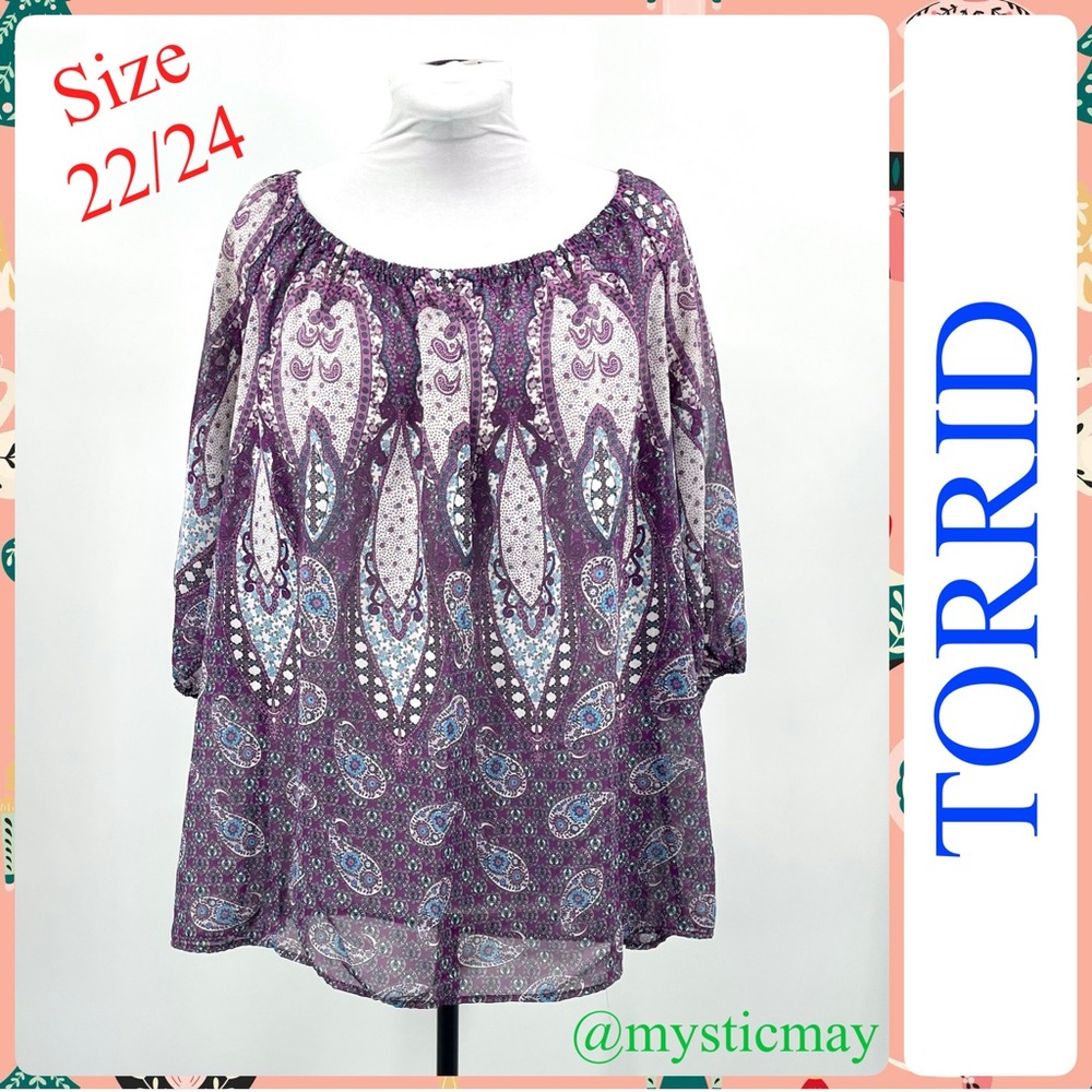 Women TORRID Purple Paisley Print Sheer Peasant Blouse Plus Size 3X or 22 / 24